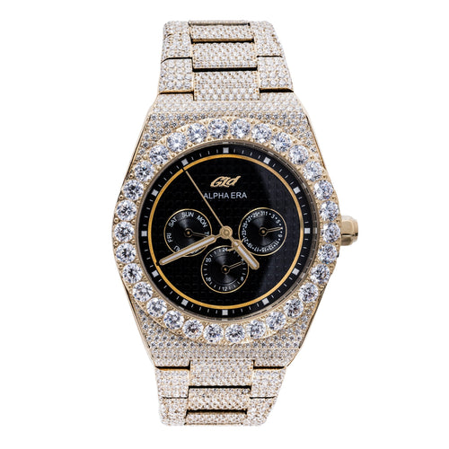 42mm Iced Alpha Era Moissanite in Gold Black Dial